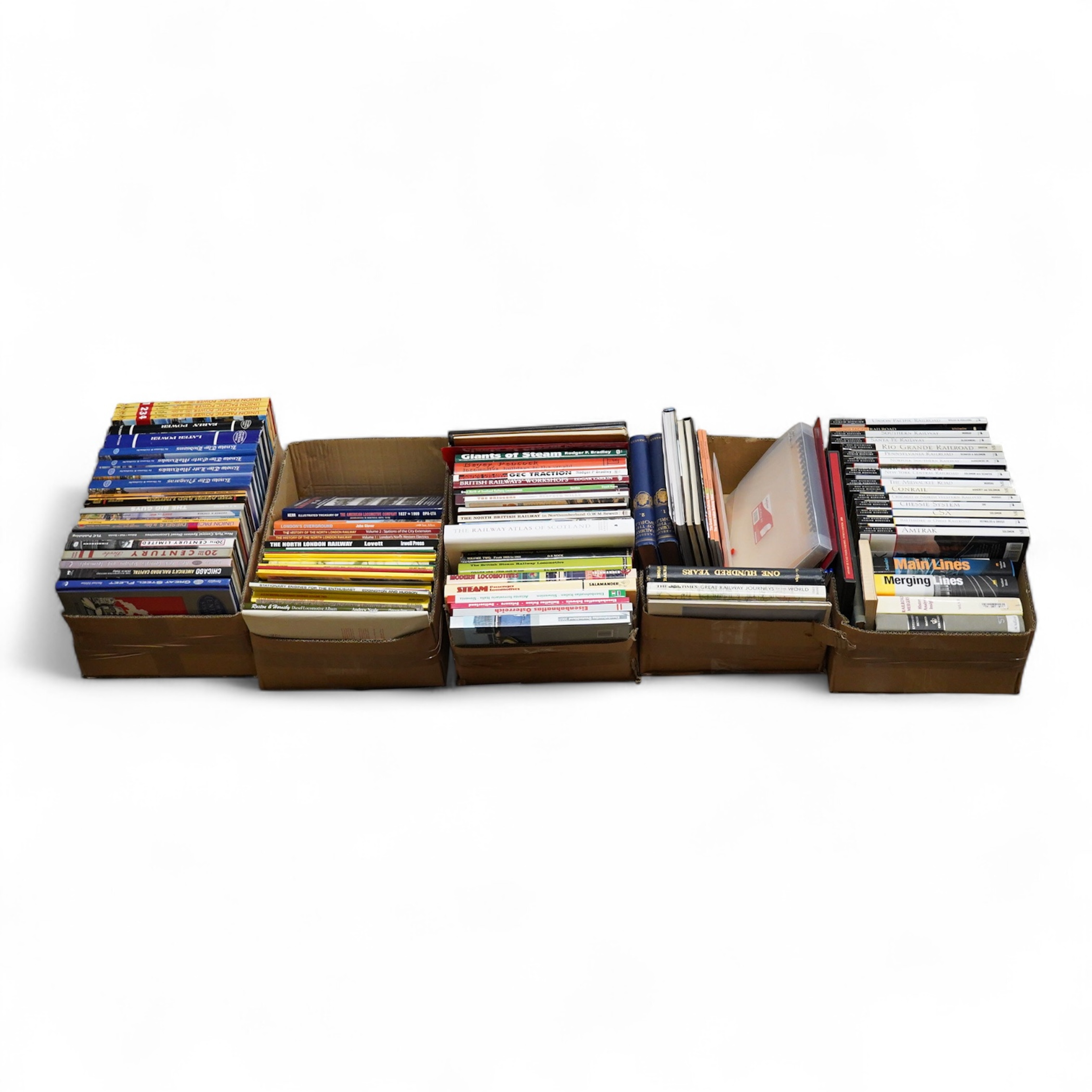 Five boxes of Railway related books, subjects include; the Railway Atlas of Scotland, the Highland Main Line, Chicago America’s Railroad Capital, Union Pacific, Indian Railways, etc., publishers include; New York Central